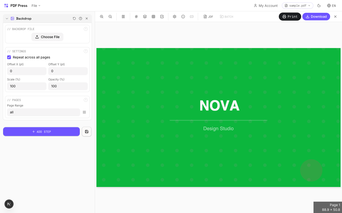 Interface de l'outil Arrière-plan de pdfpress.app montrant une image de fond placée derrière le contenu PDF