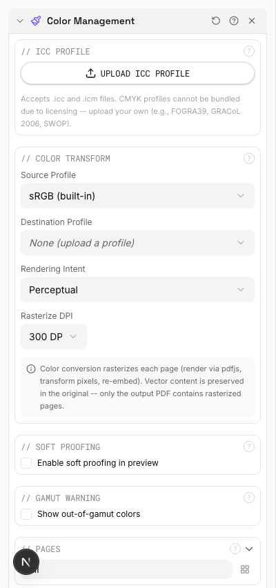 Panneau de sélection de profils ICC dans pdfpress.app montrant les profils de couleurs disponibles et les intentions de rendu