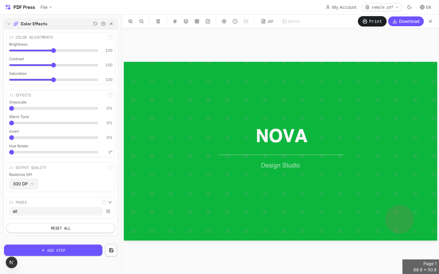 pdfpress.appカラーエフェクトツールのインターフェース（フィルターオプションとプレビュー表示）