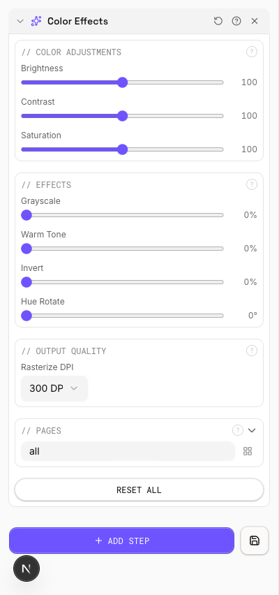 グレースケール、セピア、明るさ、コントラスト、彩度コントロールを含むカラーエフェクトフィルターオプション