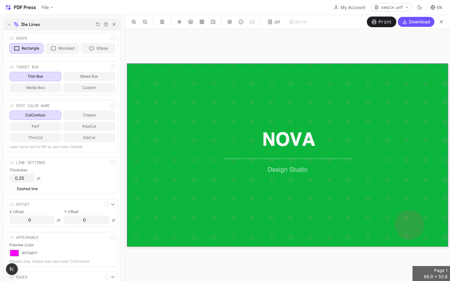 Outil Filets de coupe de pdfpress.app montrant un contour de coupe rectangulaire sur une planche d'autocollants