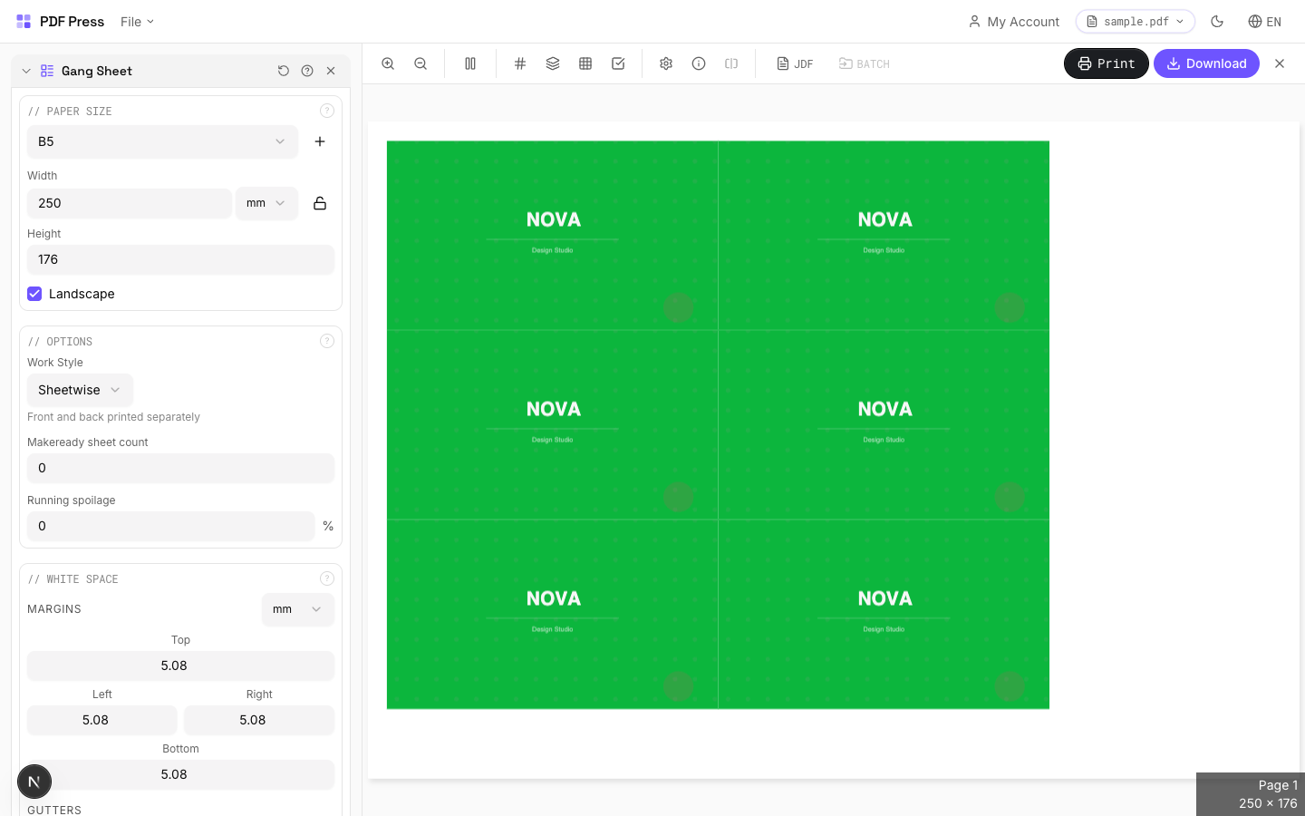 pdfpress.app Sammelform-Werkzeug mit mehreren automatisch auf einem Bogen verschachtelten Designs
