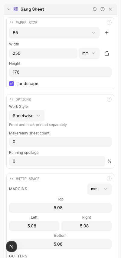 Optionspanel des Sammelform-Werkzeugs mit Mengensteuerung pro Element, Rändern und Verschachtelungseinstellungen