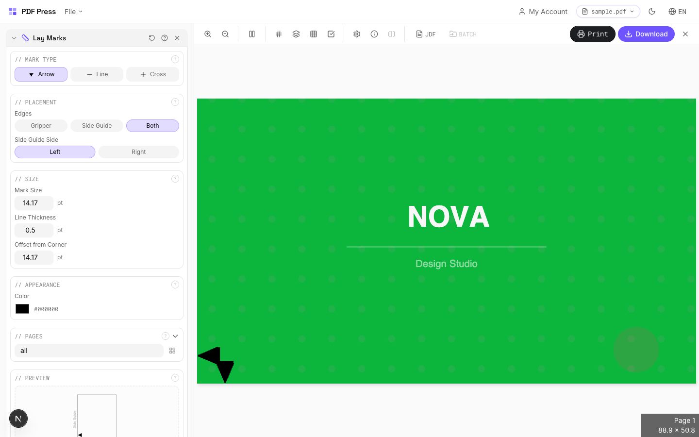 Lay marks on a press sheet in pdfpress.app showing gripper edge arrow and side guide cross mark