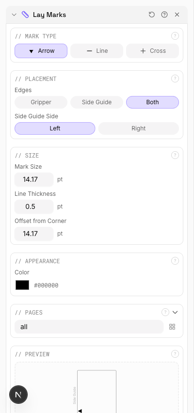 pdfpress.app lay marks configuration panel showing arrow, cross, and line mark type selection with edge placement options