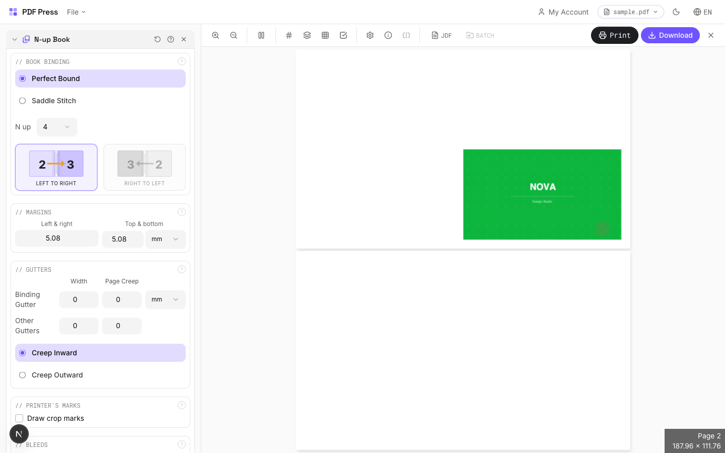 pdfpress.app N-up Book tool showing 2-up signature layout on A3 sheet