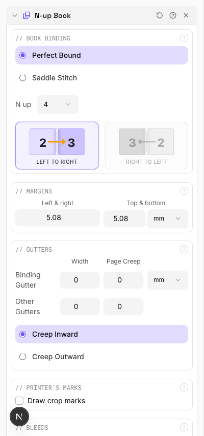 N-Up Book tool options panel showing signature, duplex, and creep settings