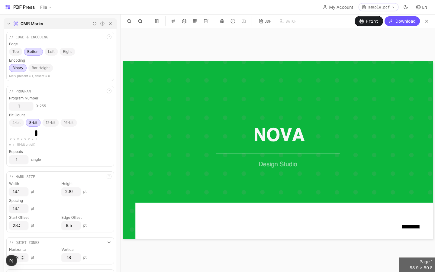 OMR marks added to a press sheet in pdfpress.app showing bar placement along the sheet edge