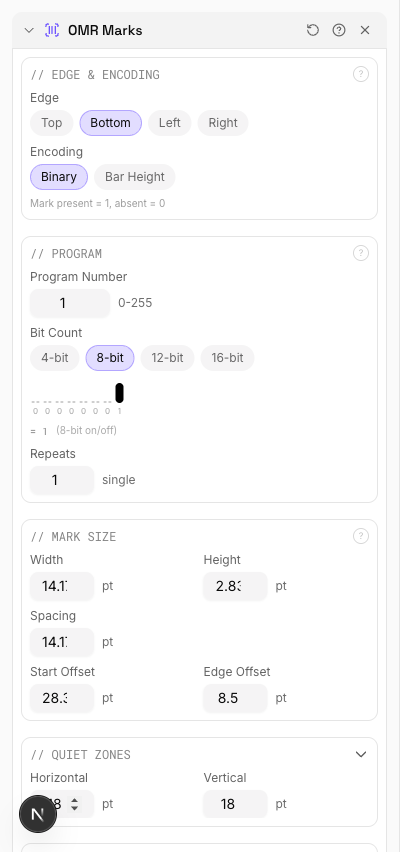 pdfpress.app OMR marks configuration panel showing edge selection, bar count, and dimension settings