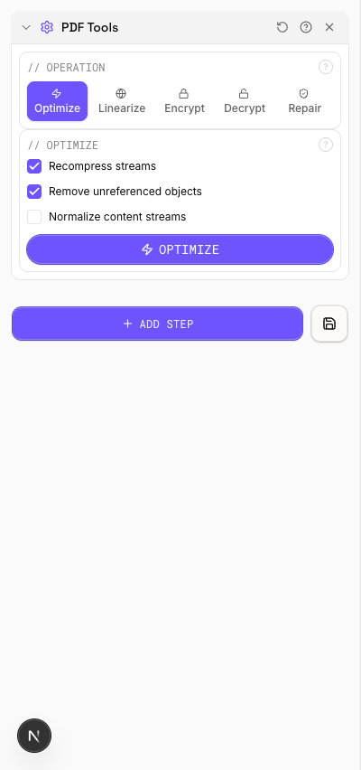 PDF Optimizer options panel showing recompress streams, remove unreferenced objects, and normalize content checkboxes