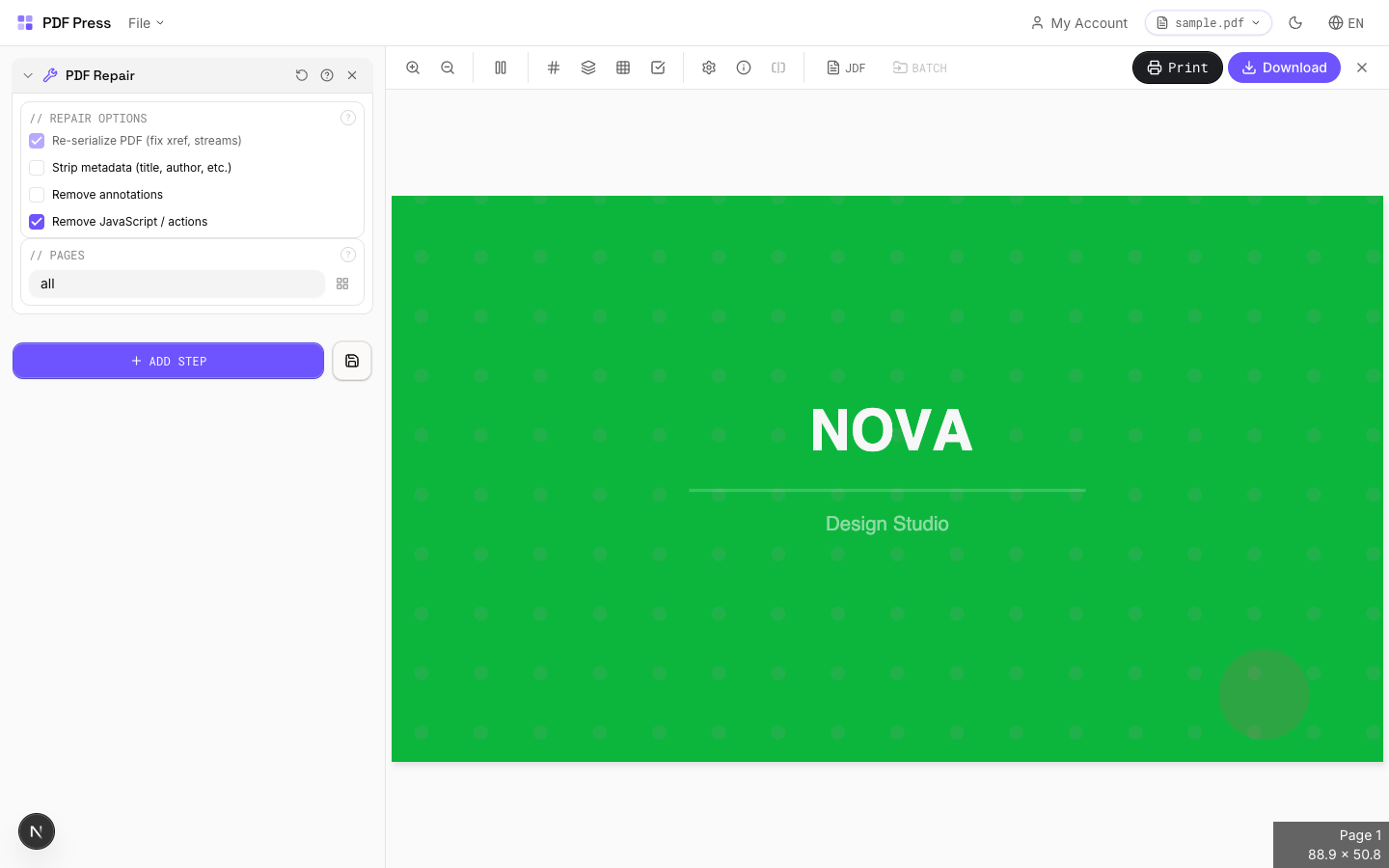 pdfpress.app PDF Repair tool interface showing repair status and recovered objects