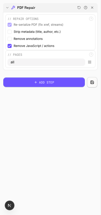 PDF Repair tool processing options and recovery status indicators