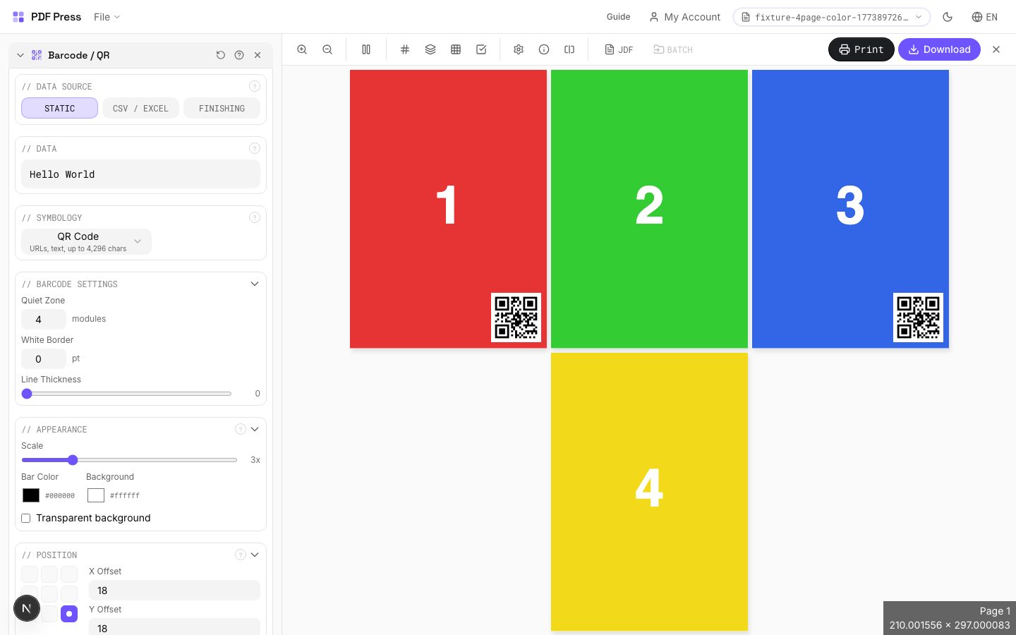 Barcode / QR — full app view showing options and imposed result