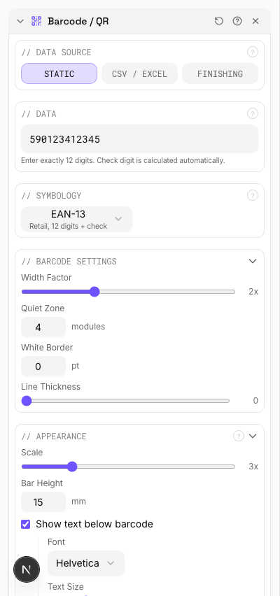 EAN-13 Product Barcode — settings