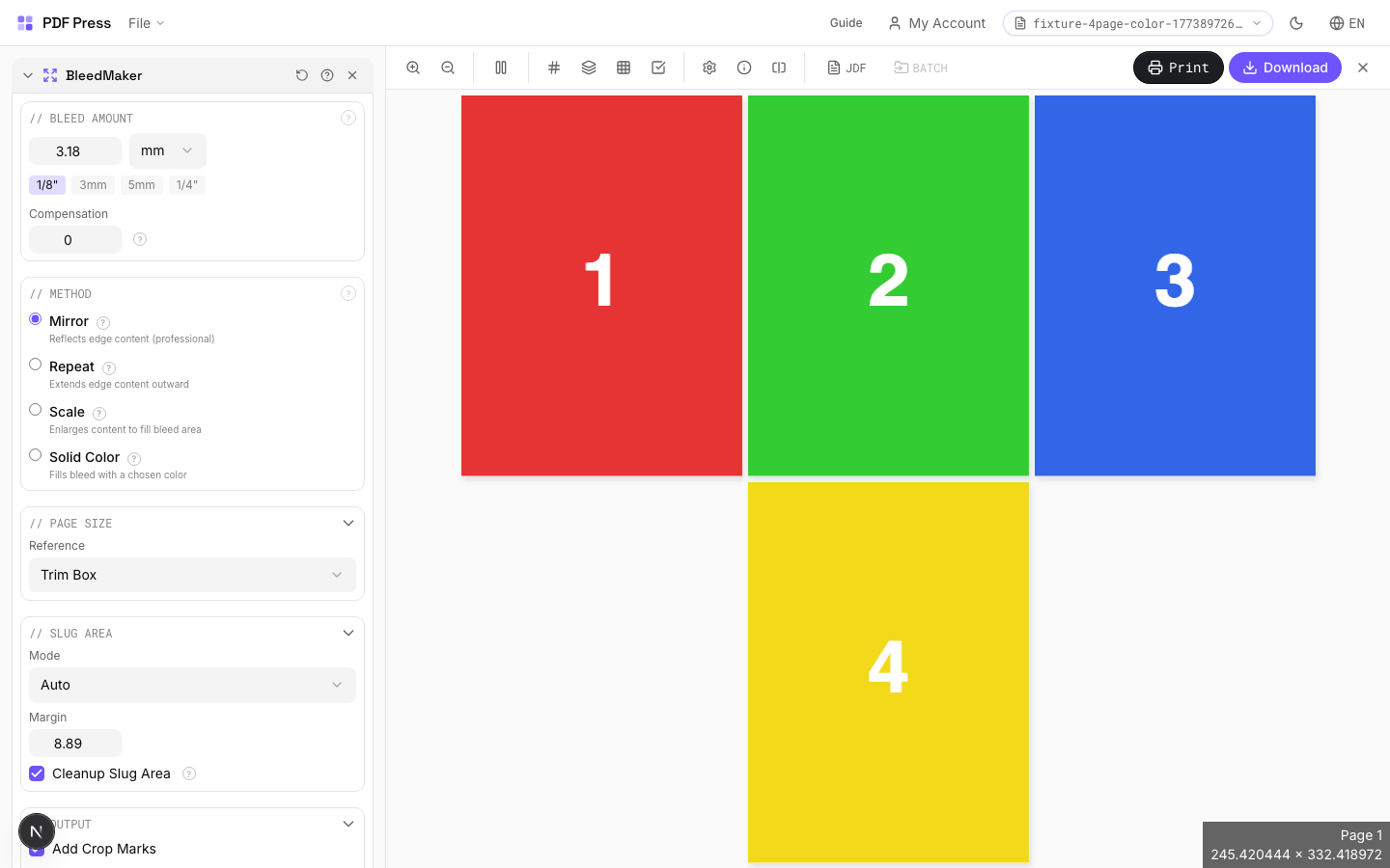 BleedMaker — full app view showing options and imposed result