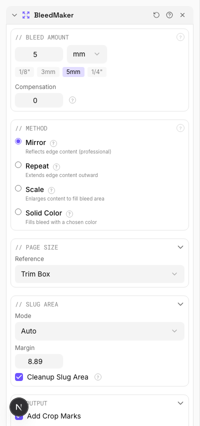 5mm Bleed (Mirror Method) — settings