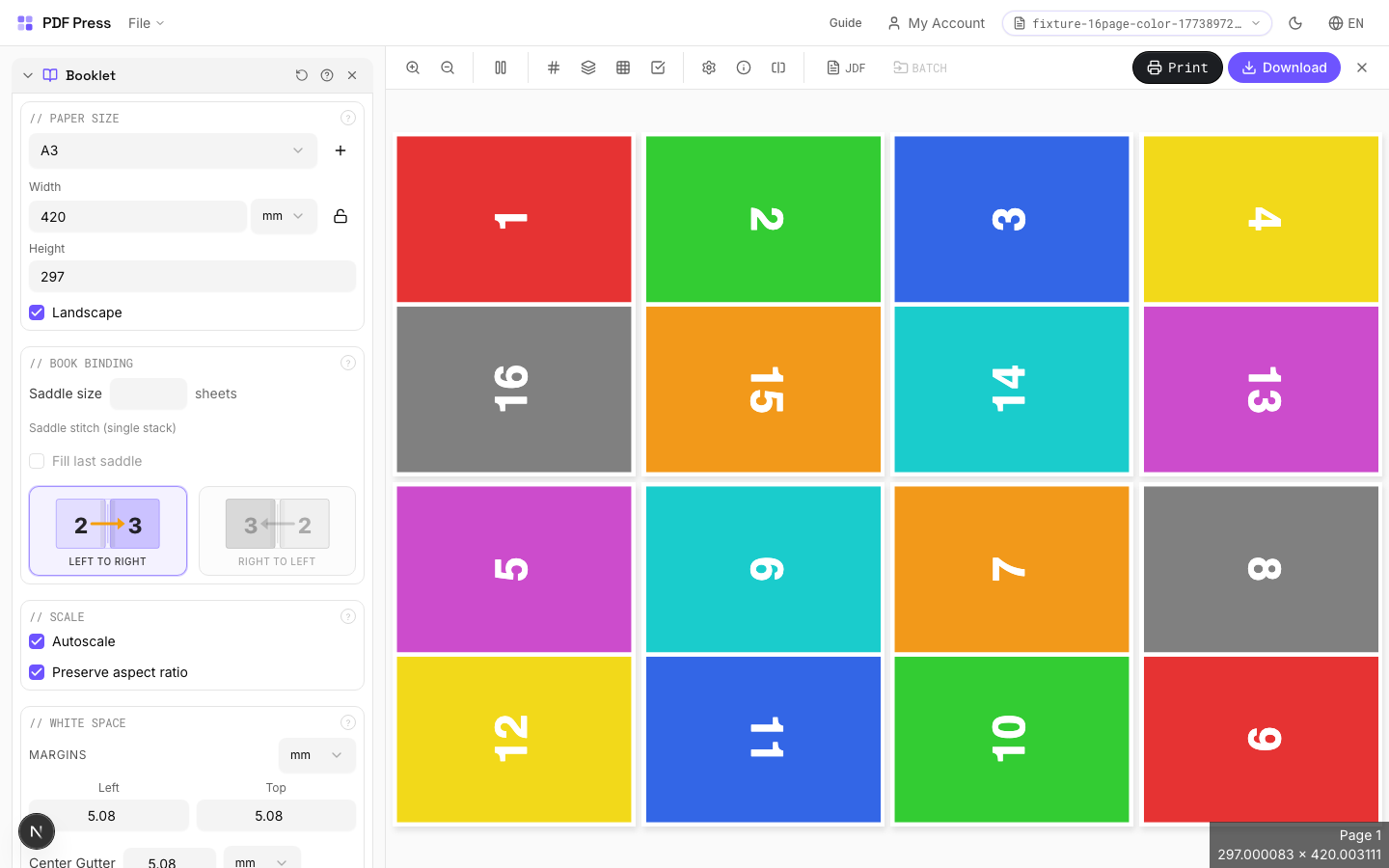 Booklet — full app view showing options and imposed result