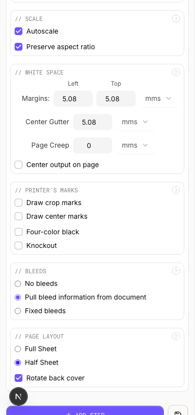 Half Sheet Layout — settings
