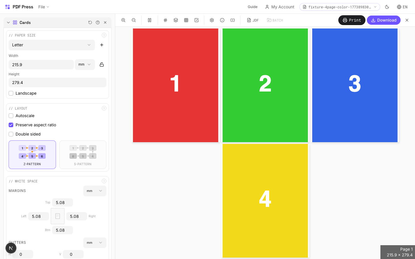 Cards — full app view showing options and imposed result