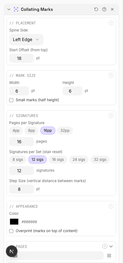 Collating Marks Applied — settings