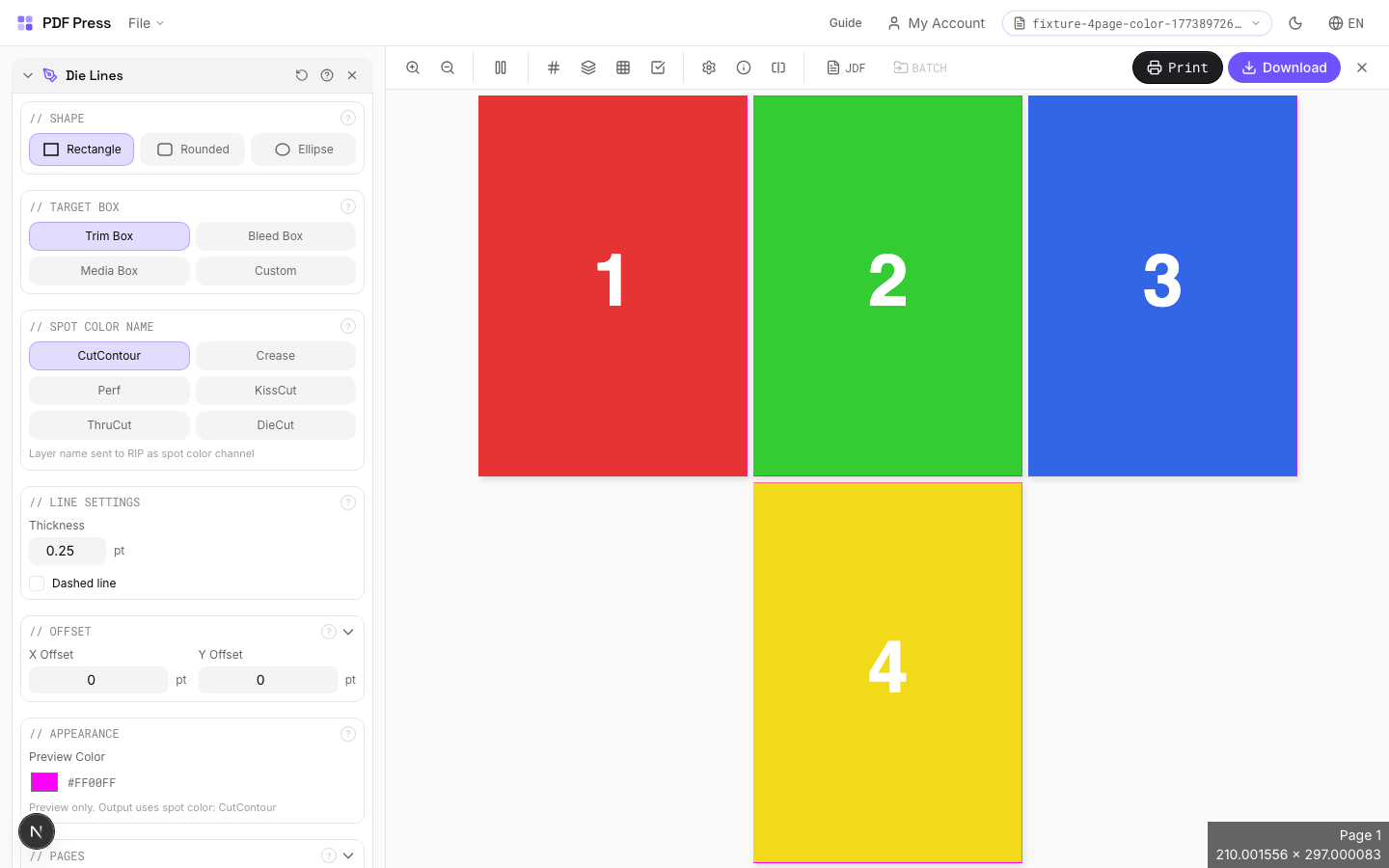 Die Lines — full app view showing options and imposed result