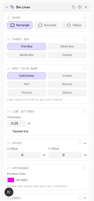 Die Lines Applied — settings