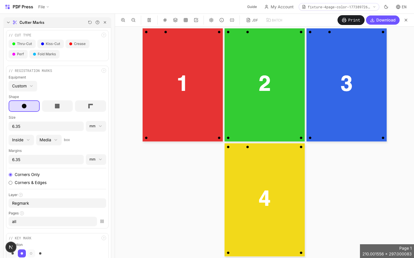 Cutter Marks — full app view showing options and imposed result