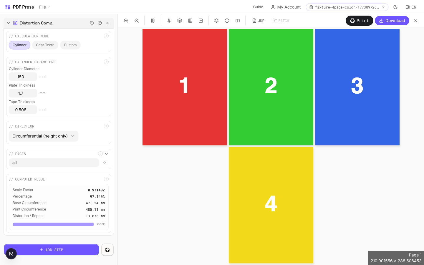 Distortion Comp. — full app view showing options and imposed result
