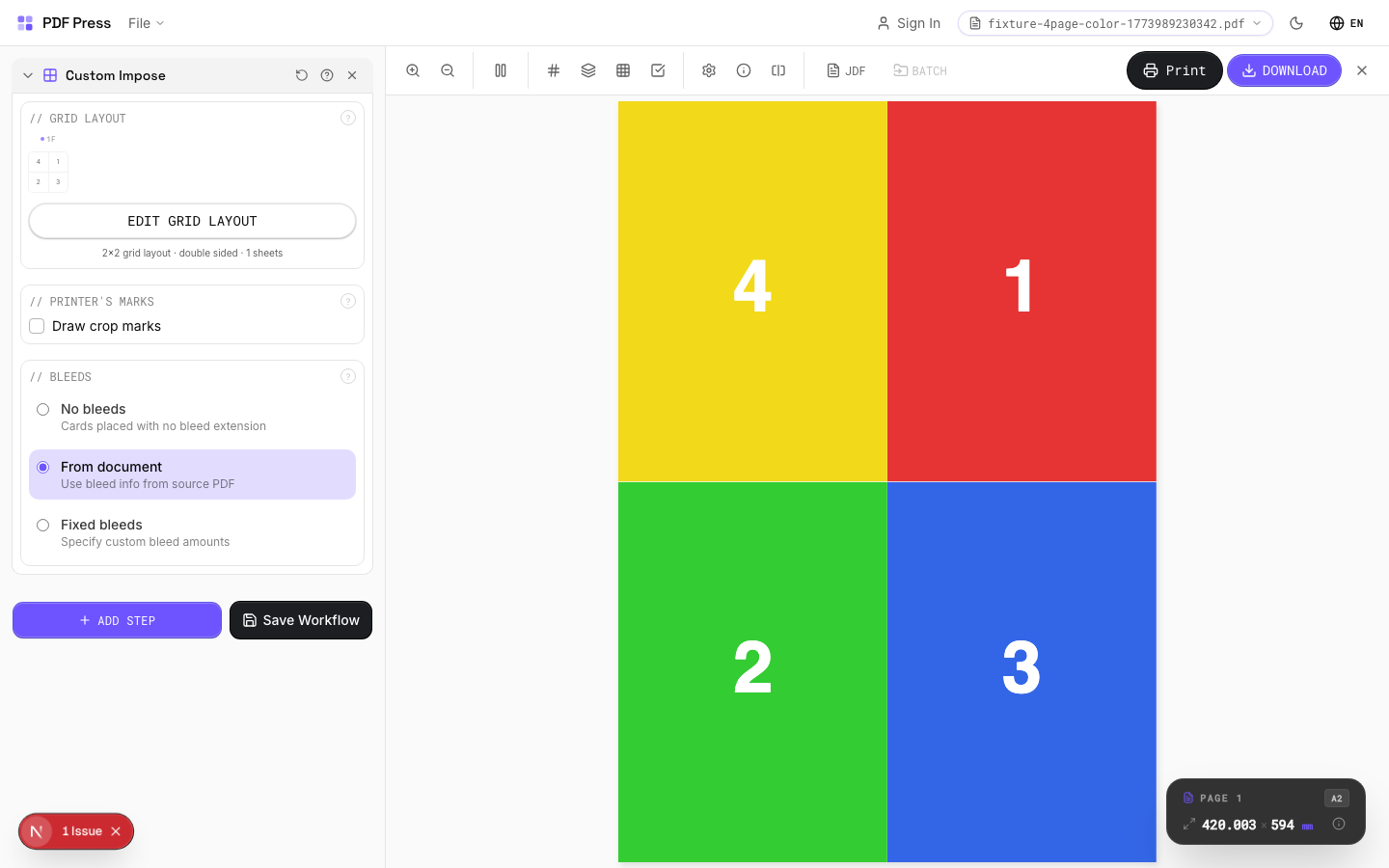 Custom Impose — full app view showing options and imposed result