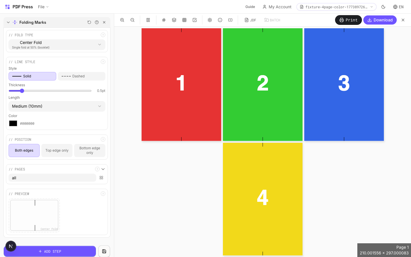 Folding Marks — full app view showing options and imposed result