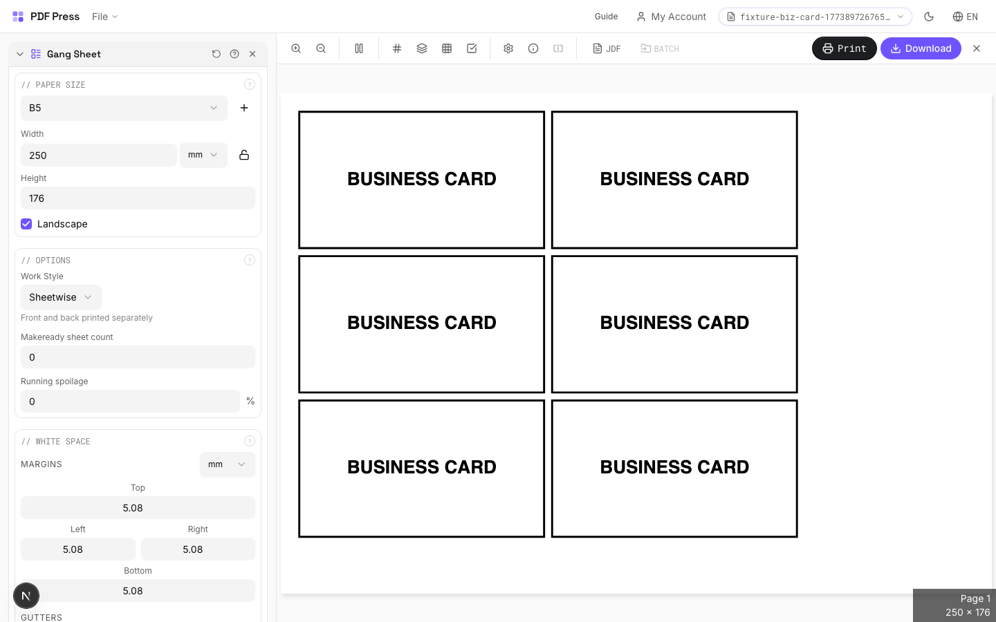 Gang Sheet — full app view showing options and imposed result