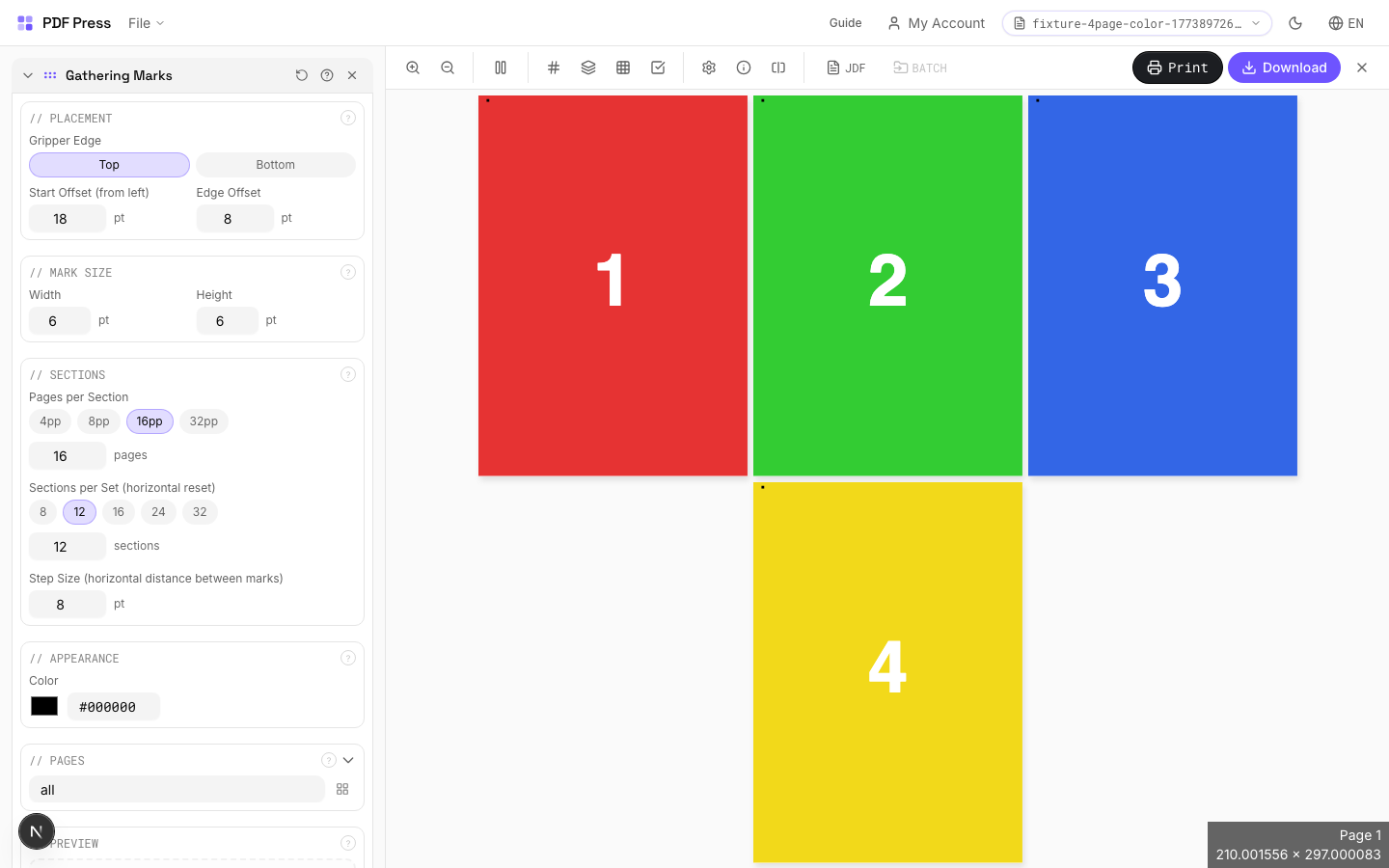 Gathering Marks — full app view showing options and imposed result