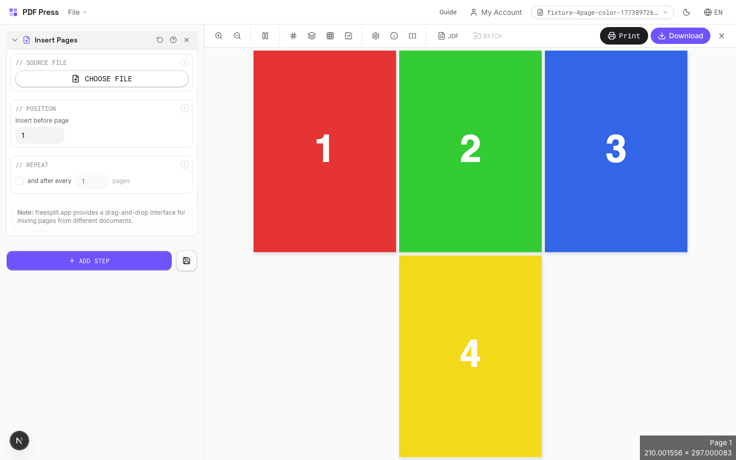 Insert Pages — full app view showing options and imposed result