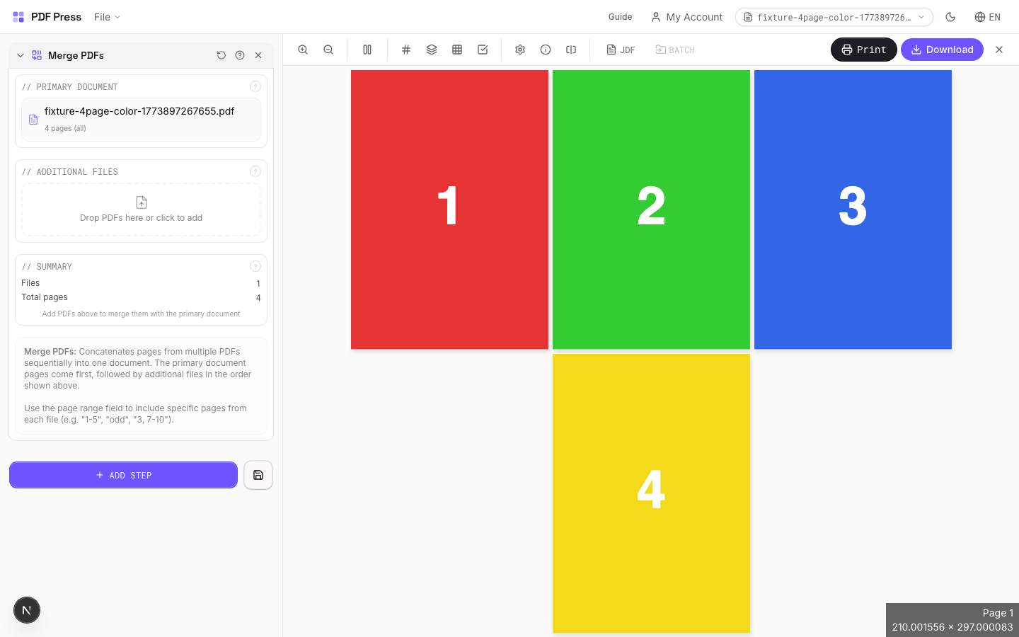 Merge PDFs — full app view showing options and imposed result