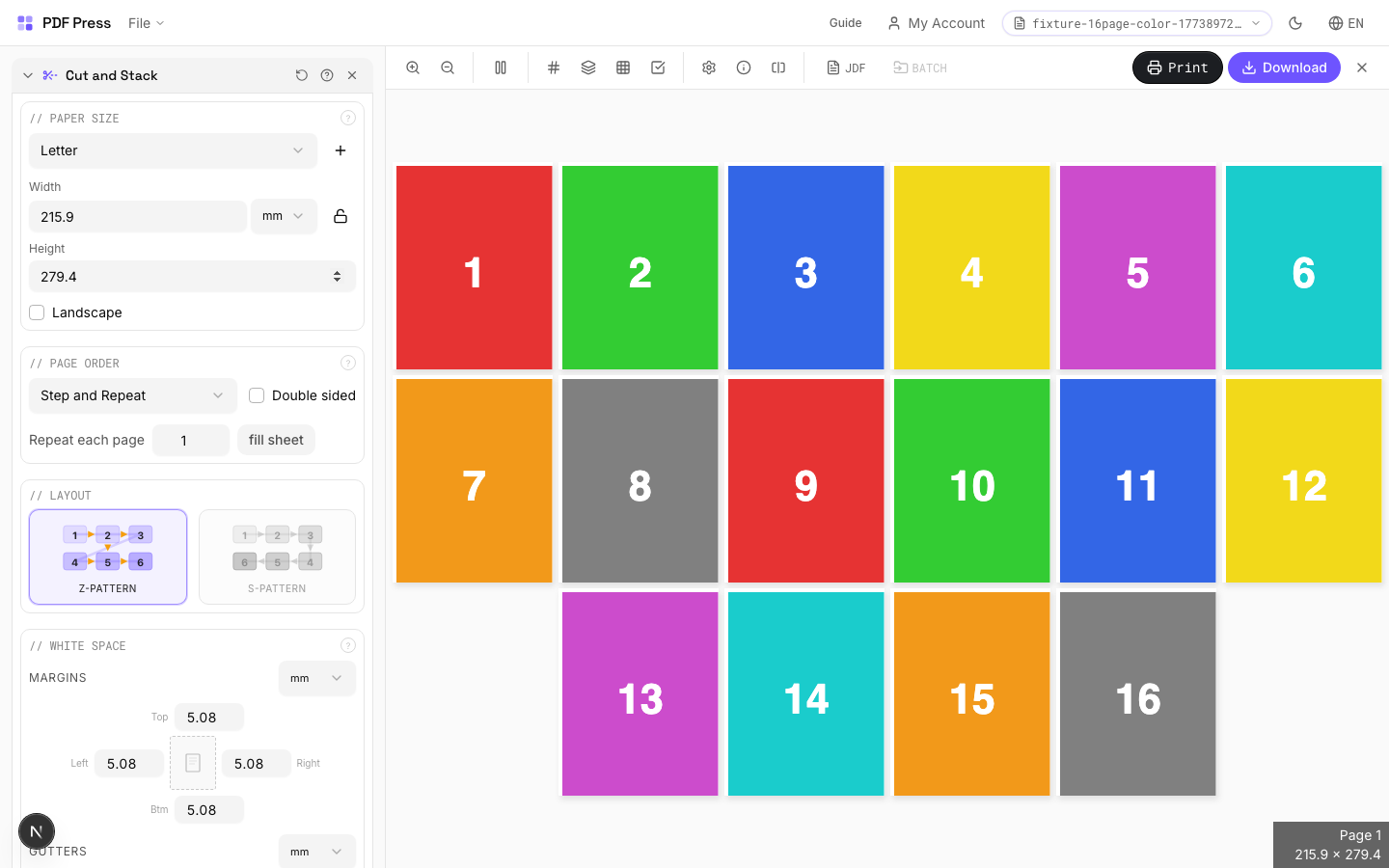 Cut and Stack — full app view showing options and imposed result