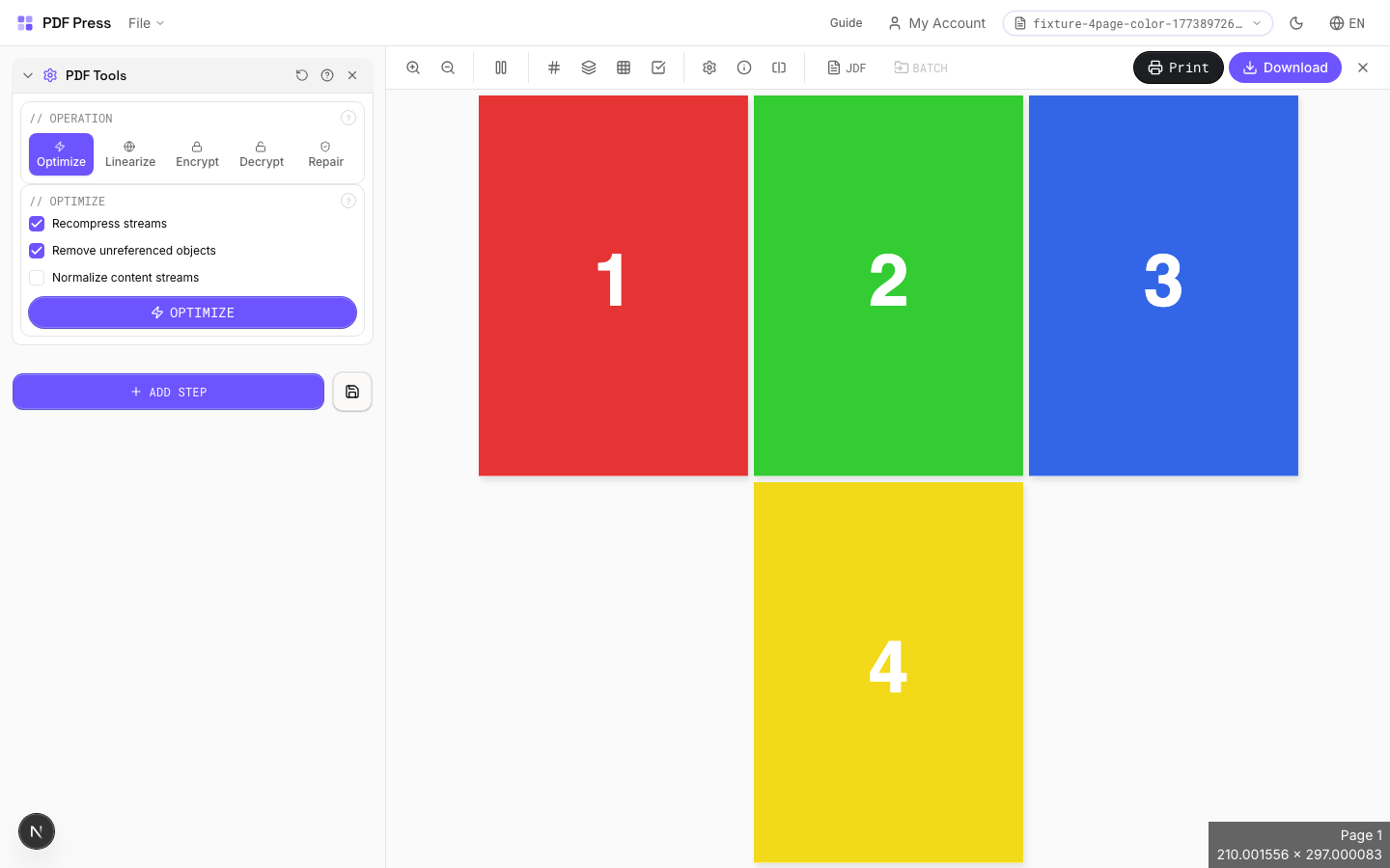 PDF Tools — full app view showing options and imposed result