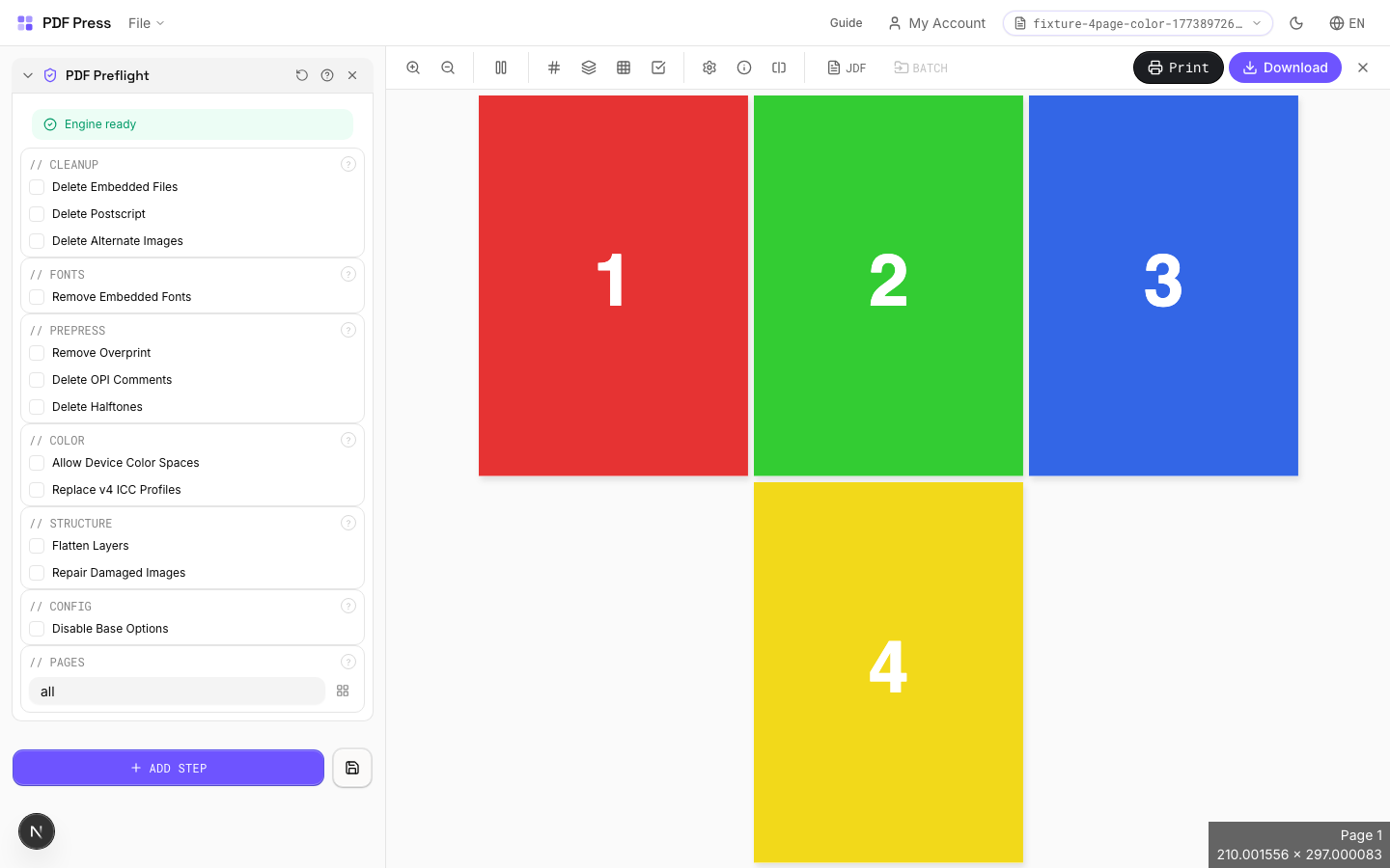 PDF Preflight — full app view showing options and imposed result