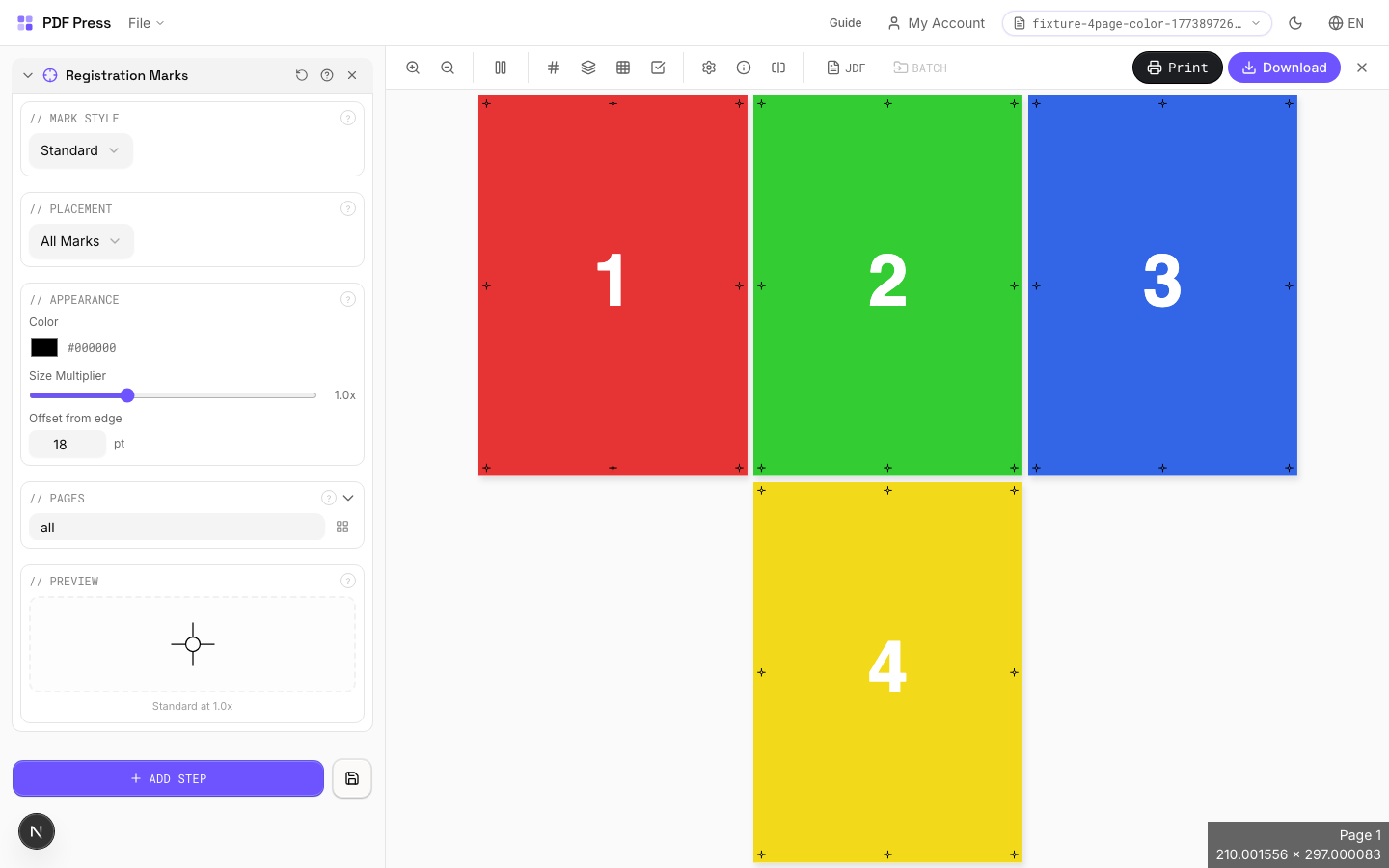 Registration Marks — full app view showing options and imposed result