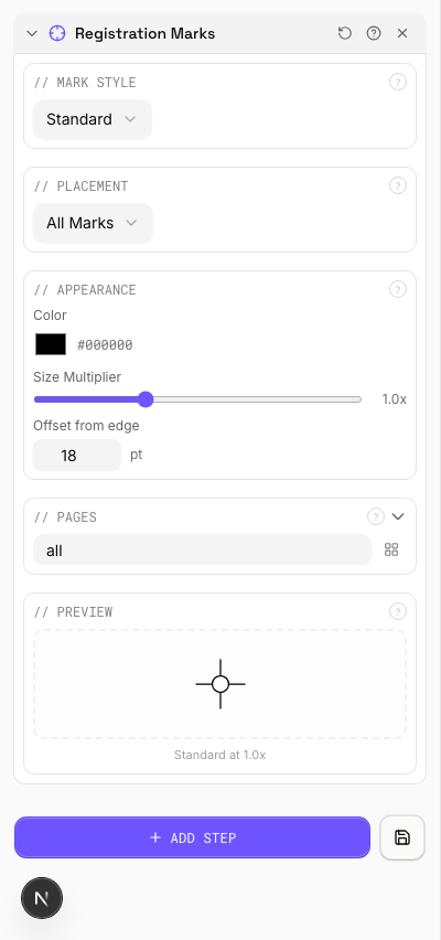 Registration Marks Applied — settings