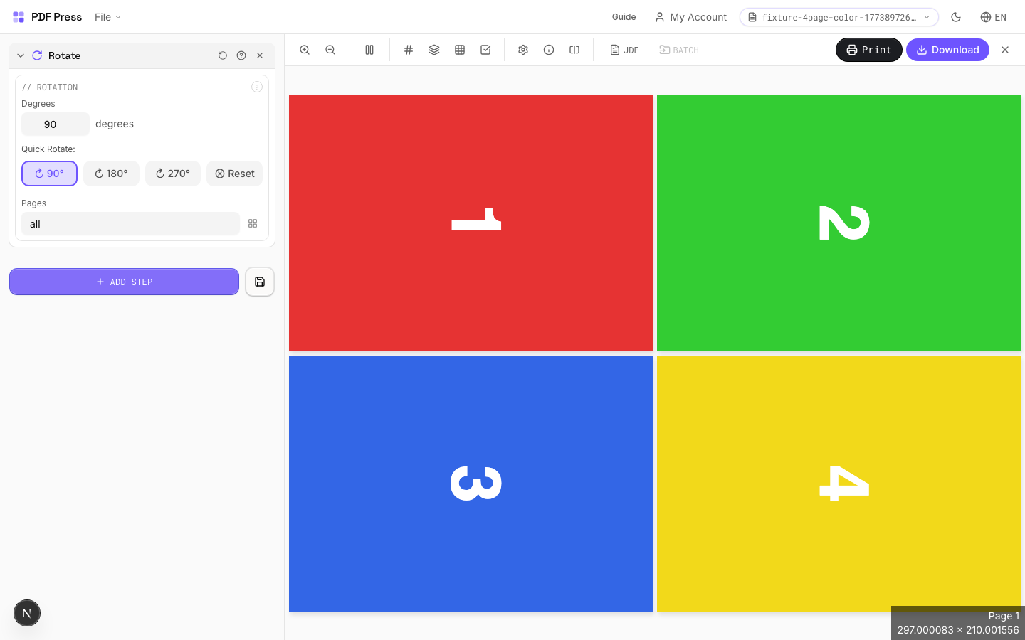 Rotate — full app view showing options and imposed result
