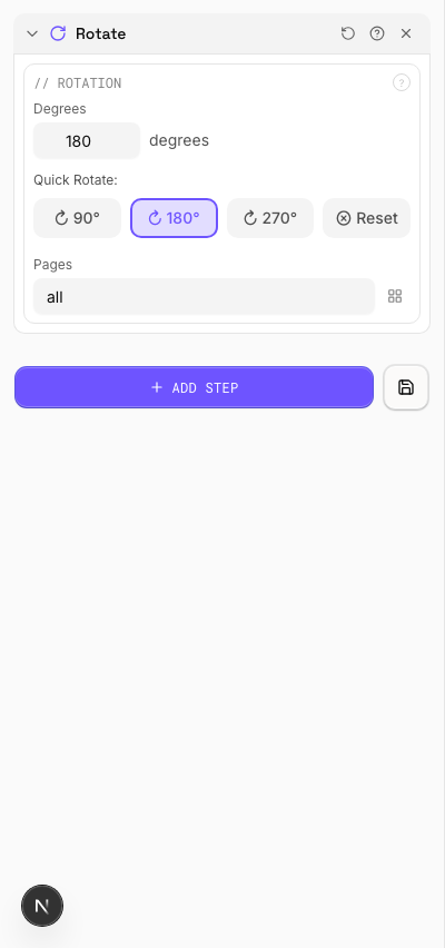 Rotated 180° (Upside Down) — settings