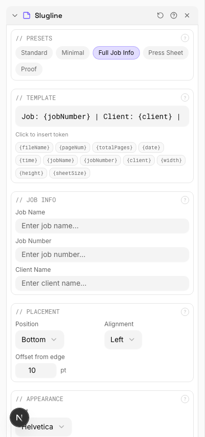 Full Job Info Slugline — settings