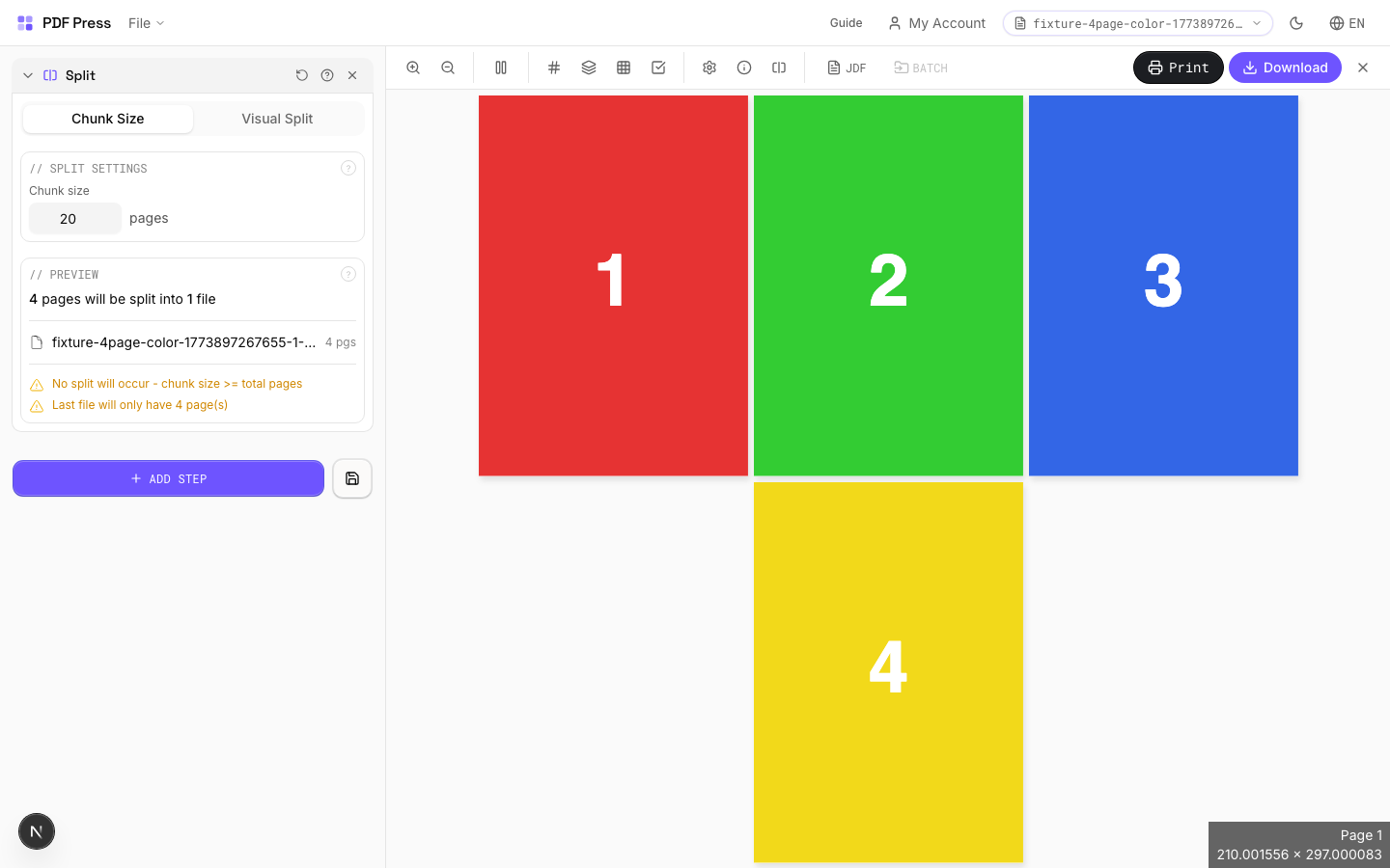 Split — full app view showing options and imposed result