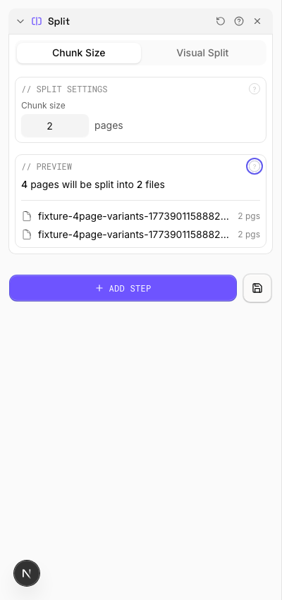 Split into 2-Page Chunks — settings