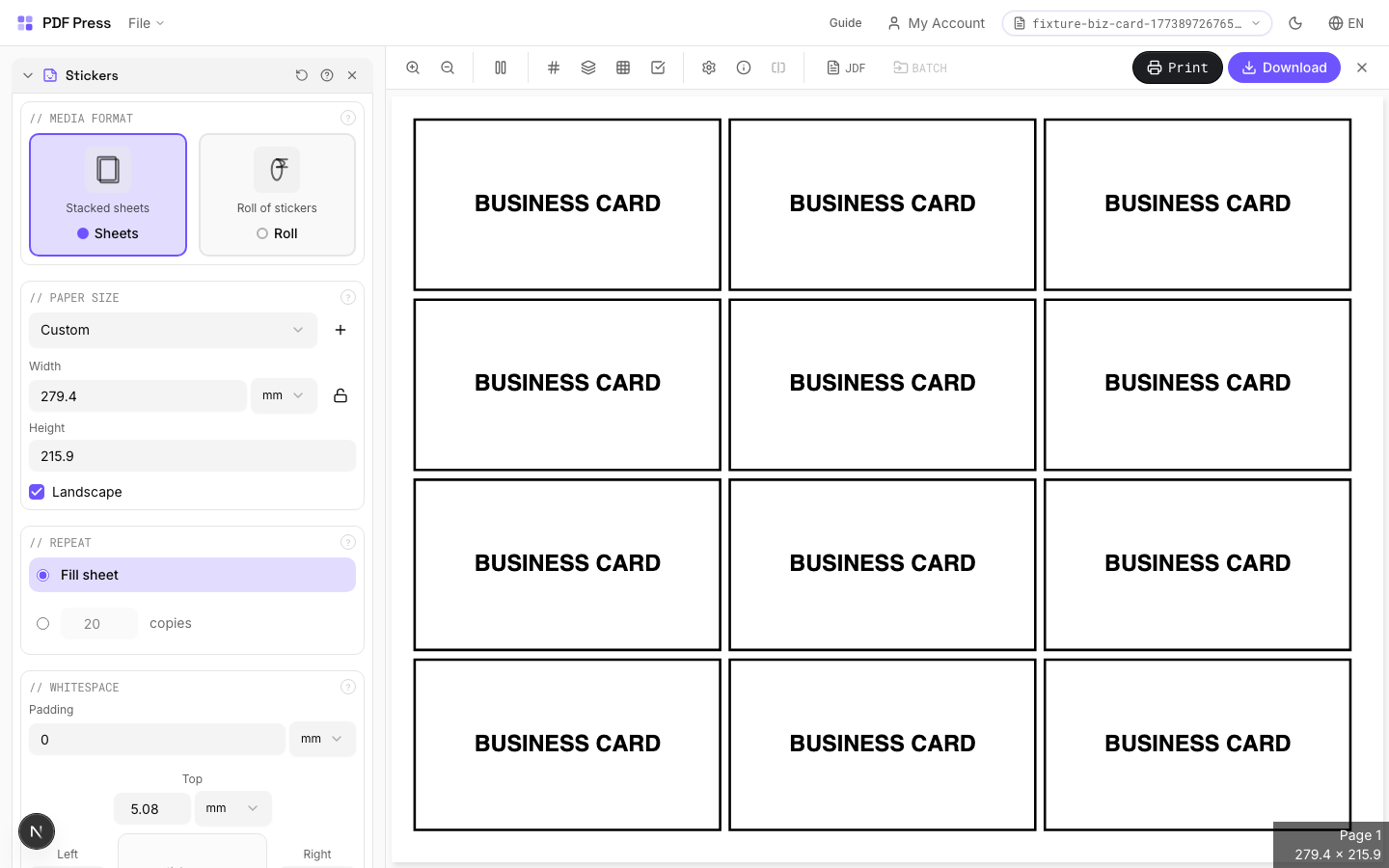 Stickers — full app view showing options and imposed result