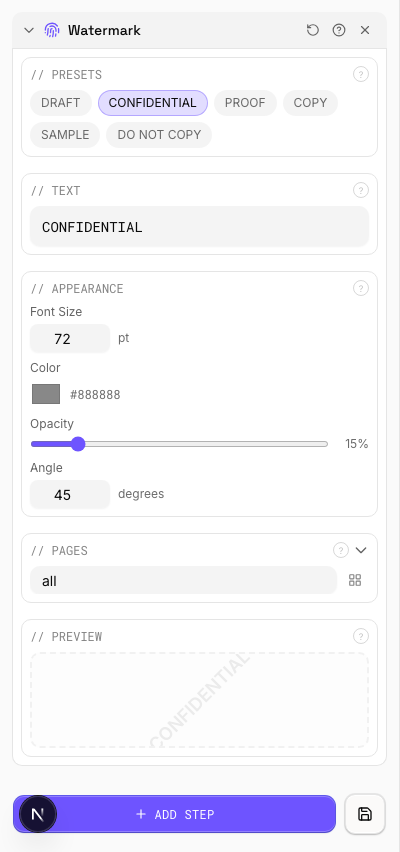CONFIDENTIAL Watermark — settings