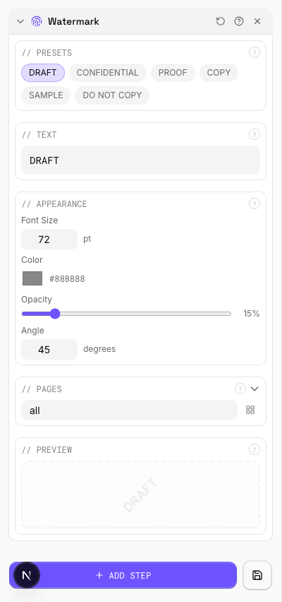 DRAFT Watermark — settings